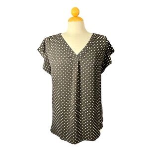 Chaus Black Polka Dot V-Neck Flutter Sleeve Blouse